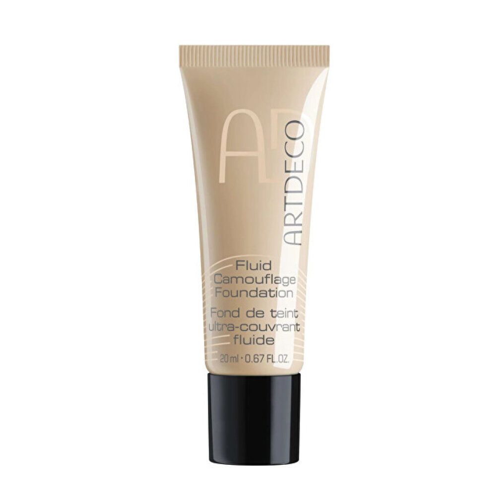 Tube Foundation Fluid Camouflage von Artdeco. Beige Tube mit schwarzem Deckel. Produktbezeichnung und Marke sind sichtbar.