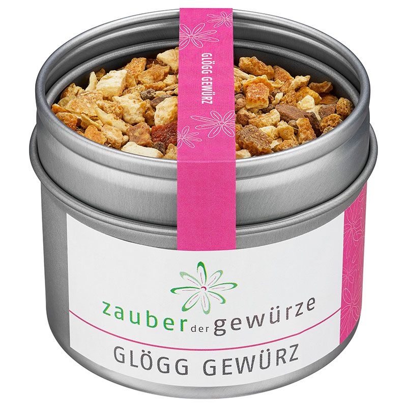 Runde Dose mit Glögg Gewürz. Rosa Etikett mit Produktnamen. Offene Dose mit Gewürzmischung.