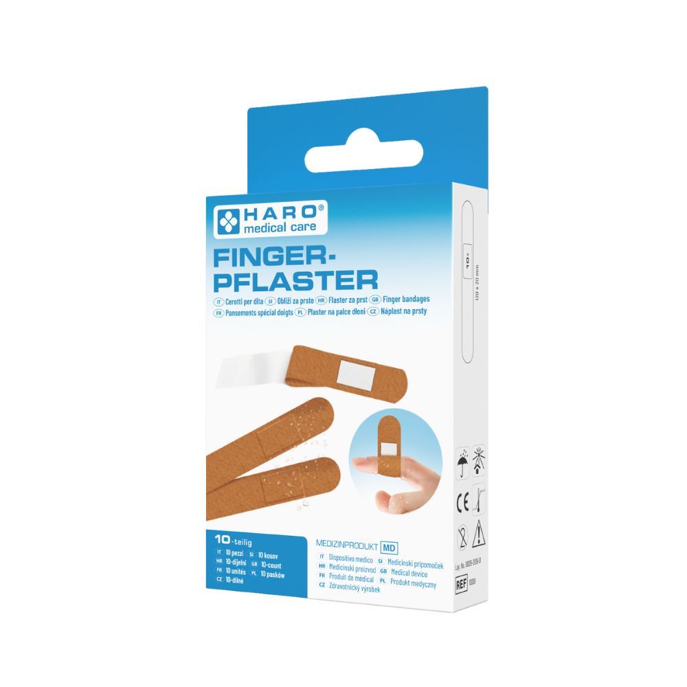 Haro vingerpleisterset. Doos met pleisters. Productafbeelding en tekst. CE-markering.