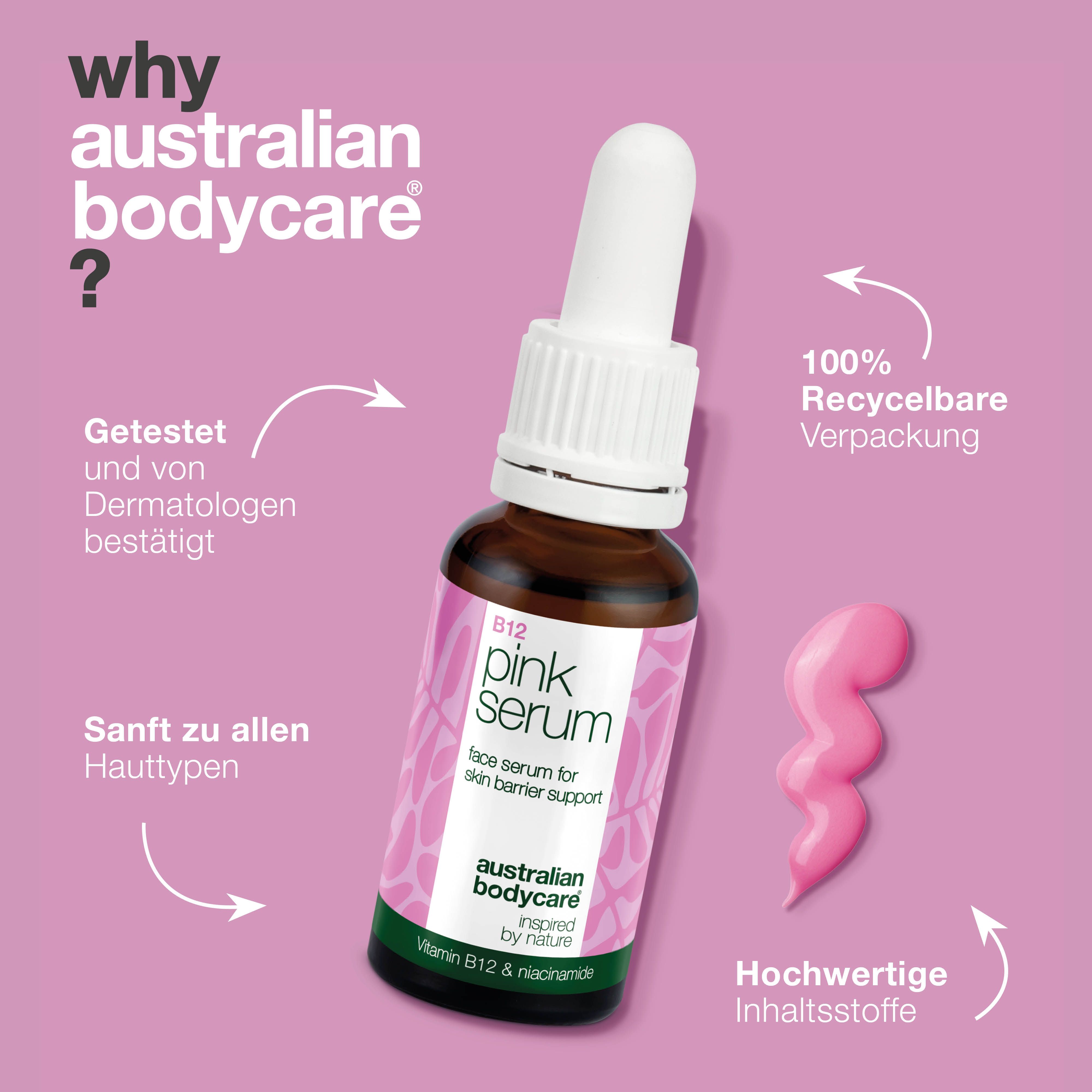 Text: Warum Australian Bodycare? Flasche mit B12 pink Serum. Dermatologisch getestet, für alle Hauttypen.