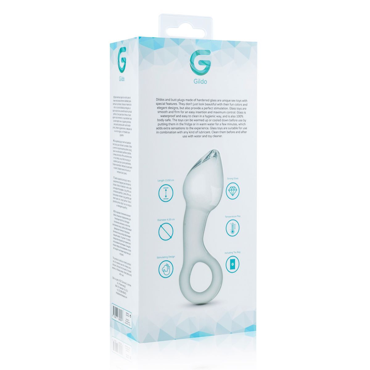 Rückseite der Verpackung. Text: Produktbeschreibung, Icons, 'Gildo'. Abbildung des Analplugs. Auf weißem Hintergrund.