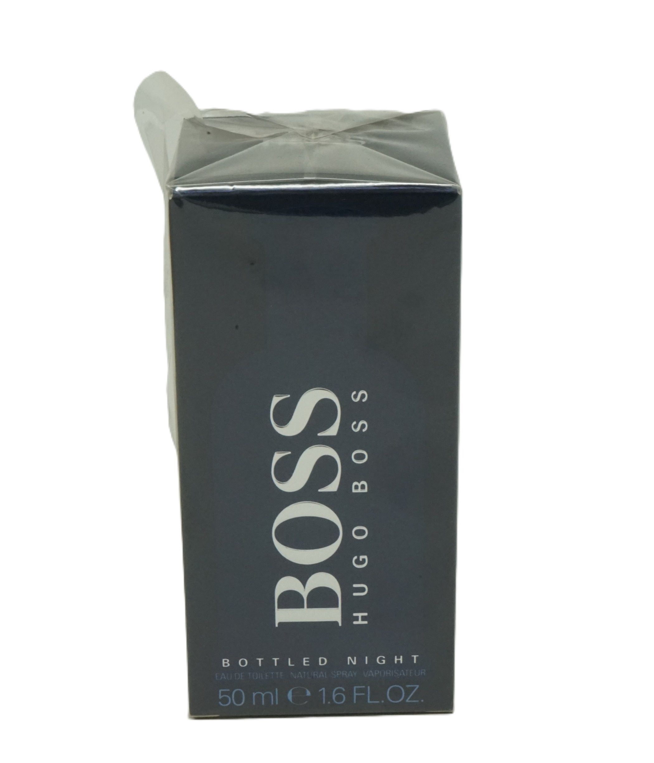 Schwarzer Karton mit BOSS-Logo und Schriftzug "Bottled Night". Unten steht "50 ml 1.6 FL.OZ.".