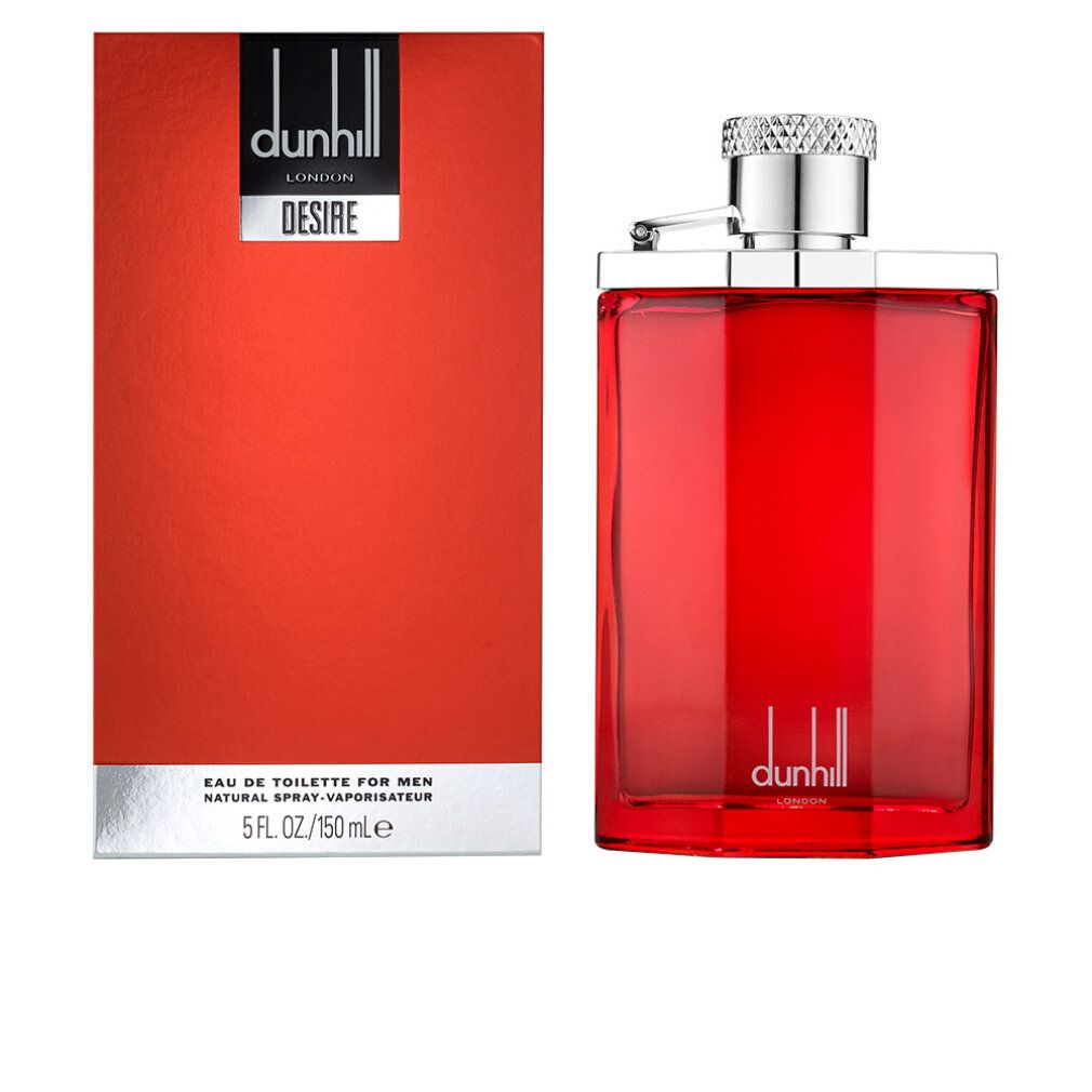 Rotes Eau de Toilette-Spray und rote Verpackung. Auf der Verpackung steht "dunhill LONDON DESIRE". Flasche und Verpackung sind rechteckig.