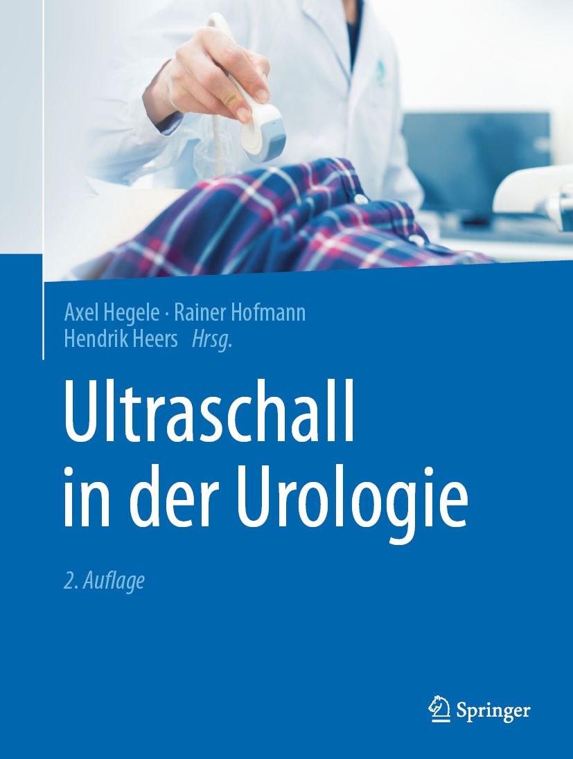 Buchcover: "Ultraschall in der Urologie". Autoren: Axel Hegele, Rainer Hofmann, Hendrik Heers. Verlag: Springer. Blaue Schrift auf blauem Hintergrund.