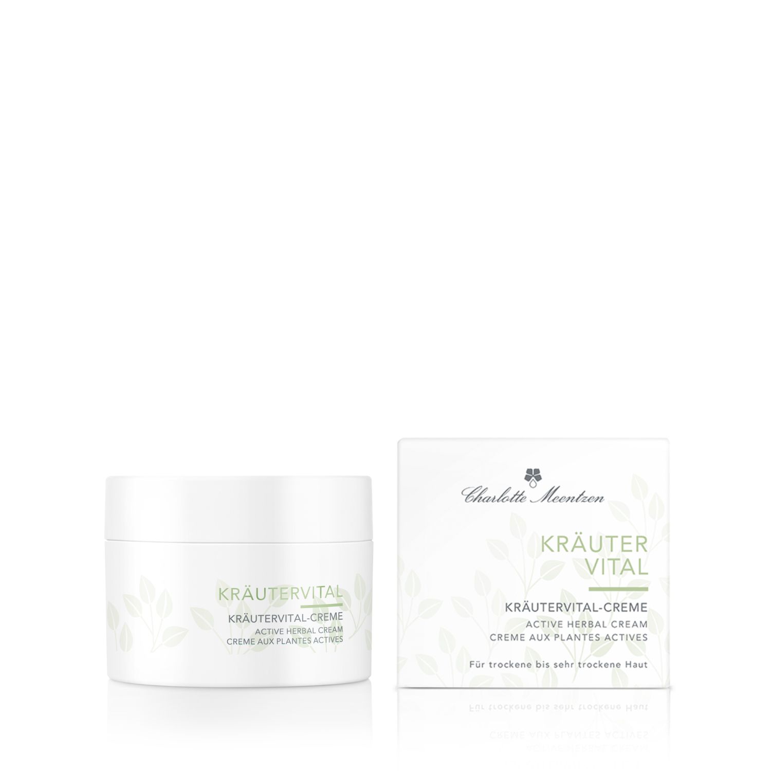 Charlotte Meentzen Kräutervital-Creme und Verpackung. Weiße Tiegel und Schachtel. Text: Kräuter Vital, Active Herbal Cream. Für trockene bis sehr trockene Haut.