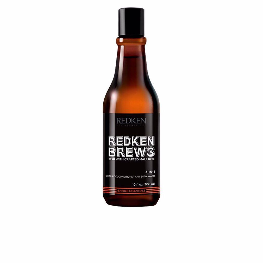Braune Flasche mit schwarzem Deckel. Aufschrift: Redken Brews 3-in-1 Shampoo, Conditioner, Body Wash.