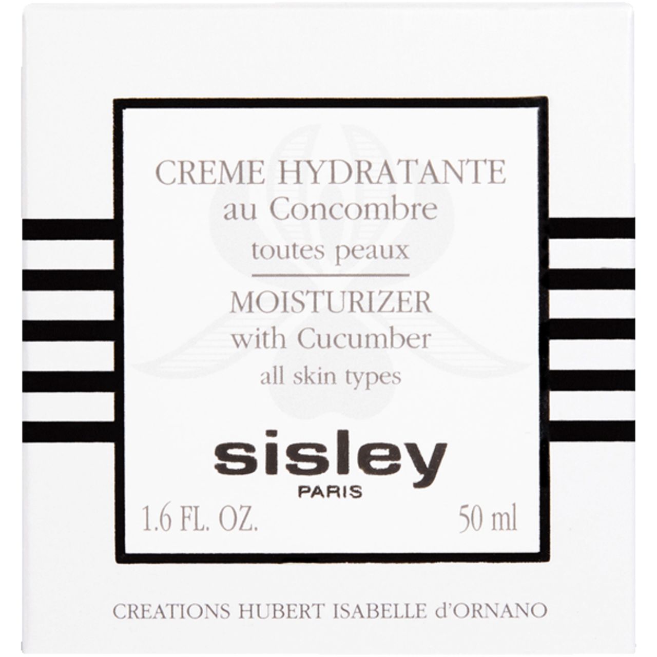 Weiße Schachtel mit Creme Hydratante au Concombre. Aufschrift: MOISTURIZER with Cucumber, Sisley Paris, 50 ml.