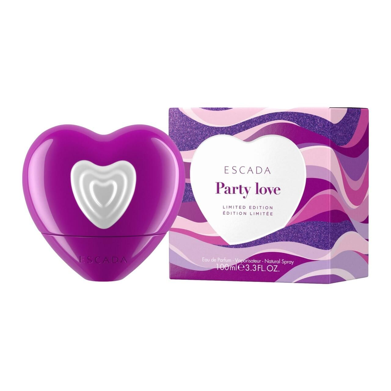 Lila herzförmiger Flakon und Verpackung. Verpackung mit Schriftzug "Escada Party Love". Flakon mit weißem Herz-Detail.