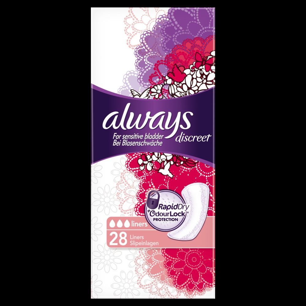 Always Discreet Verpackung. Produktinformationen, floralen Elementen und Produktabbildung.