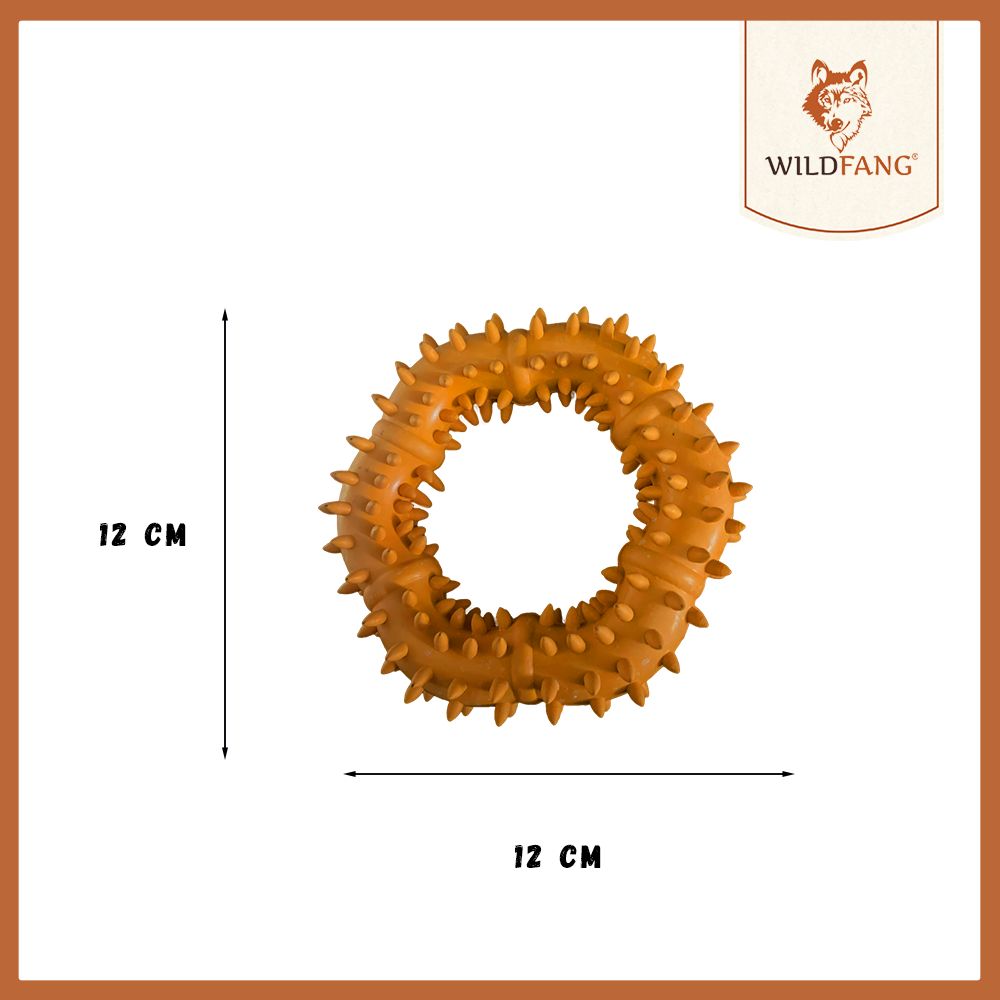 Beißring "Balou" aus Naturkautschuk. Orangefarbener Ring mit Noppen. Durchmesser 12 cm.
