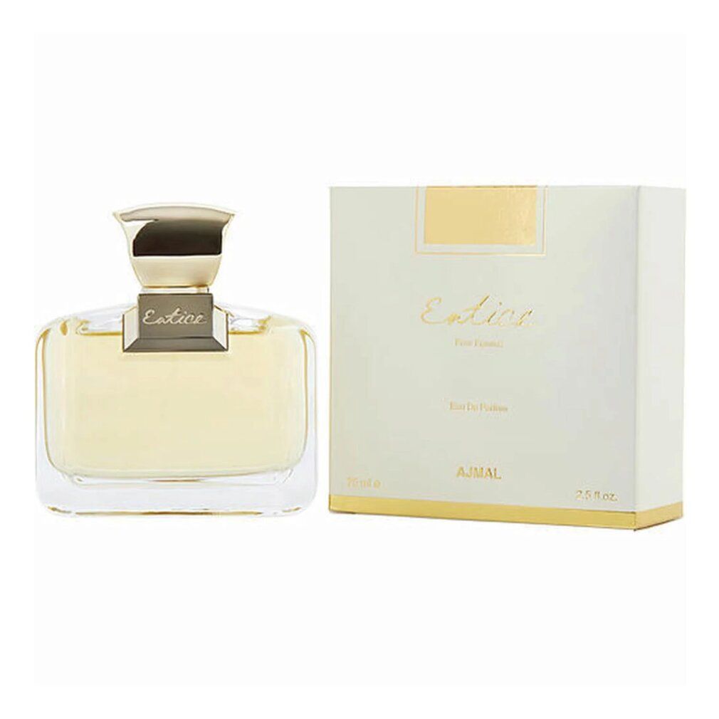 Parfümflakon und Verpackung. Flakon mit goldfarbenem Verschluss. Weiße Schachtel mit goldfarbenem Etikett.