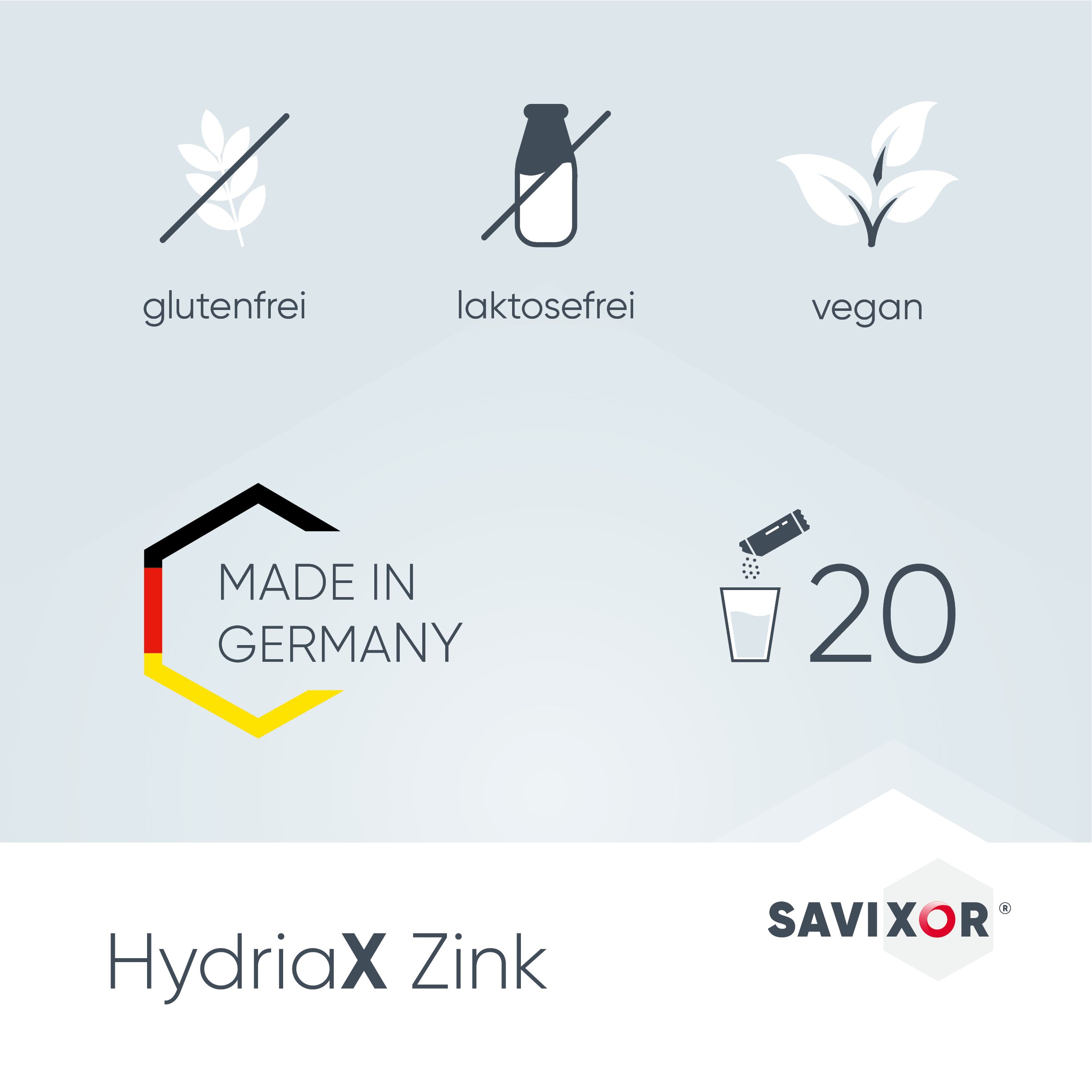 Grafik mit Symbolen: glutenfrei, laktosefrei, vegan, Made in Germany, 20 Portionen. Savixor Logo.