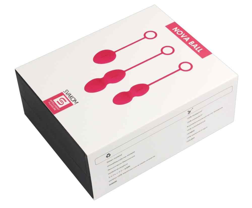 Verpackung mit drei rosafarbenen Kegel-Übungs-Kugeln. Auf der Verpackung steht „NOVA BALL“.