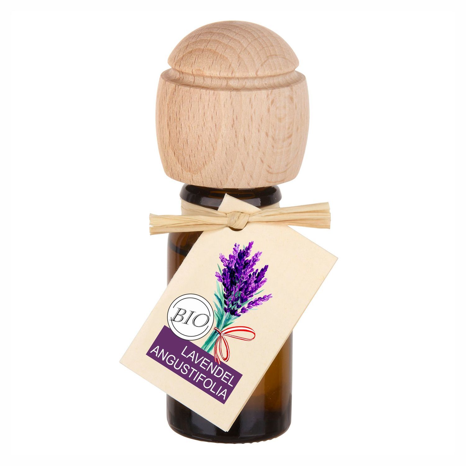 Braune Glasflasche mit Holzverschluss und Anhänger. Anhänger mit Lavendel-Illustration und Text: LAVENDEL ANGUSTIFOLIA, BIO.