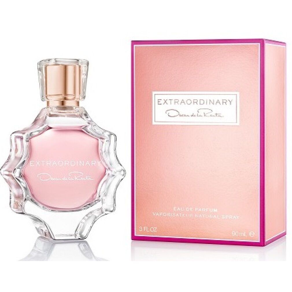 Parfümflakon und Schachtel. Rosa Flüssigkeit, goldfarbener Verschluss. Aufschrift: Extraordinary, Oscar de la Renta.