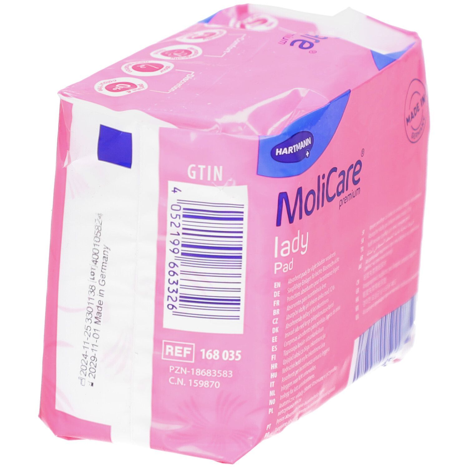 Rosa Verpackung von MoliCare® premium lady Pad. Ref. 168 035. GTIN-Code. Aufdruck: Made in Germany. Chargennummer.