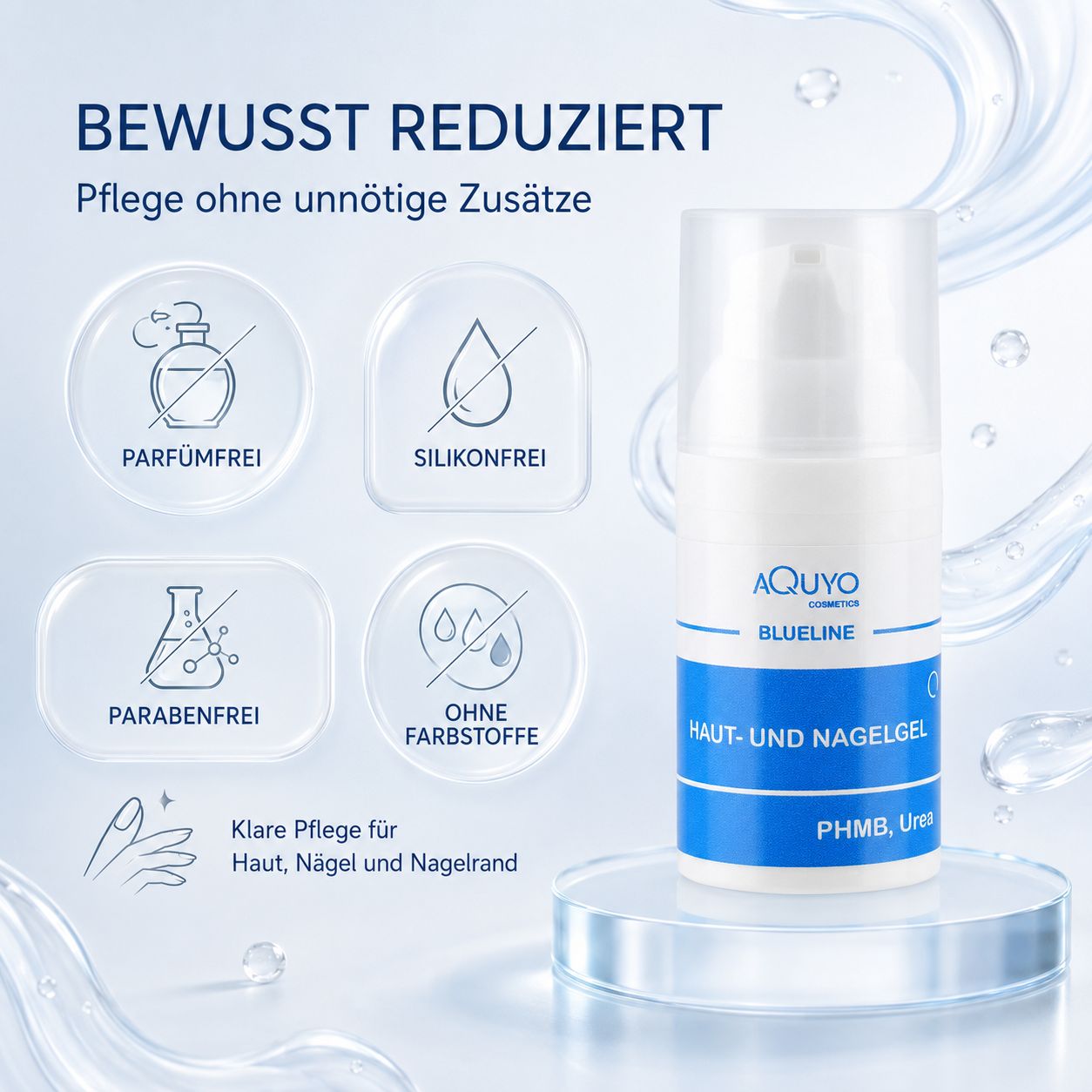 Flasche Haut- und Nagelgel mit Icons für "Parfümfrei", "Silikonfrei", "Parabenfrei", "Ohne Farbstoffe".