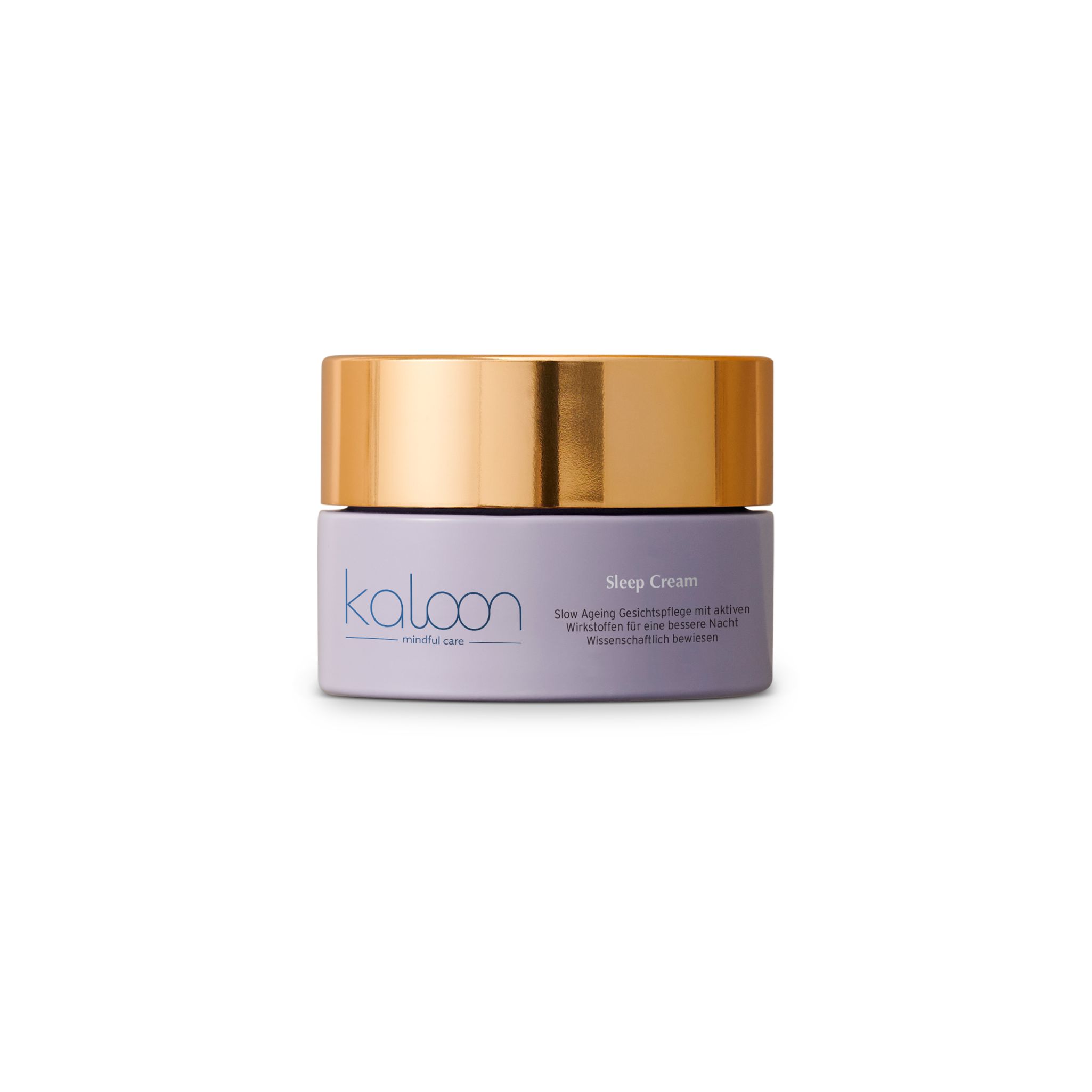 Creme-Tiegel mit goldfarbenem Deckel. Auf dem lila Etikett steht "kaloon" und "Mindful Care".