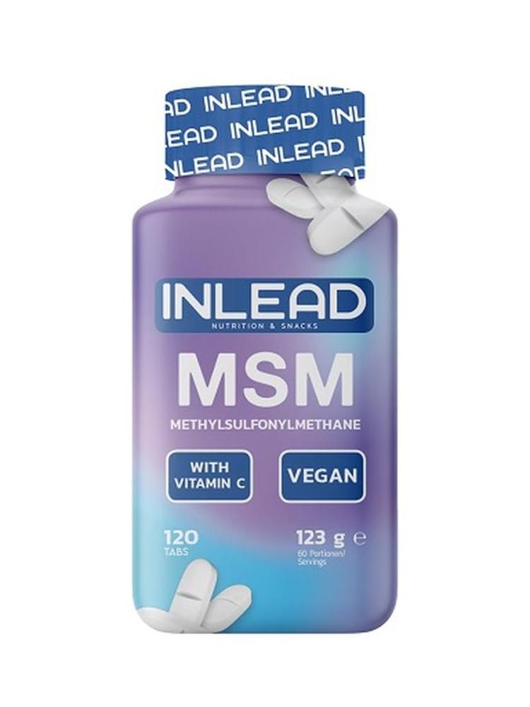 Flasche mit Tabletten. Aufschrift: INLEAD MSM, Methylsulfonylmethan, Vitamin C, vegan. 120 Tabletten, 123 g.