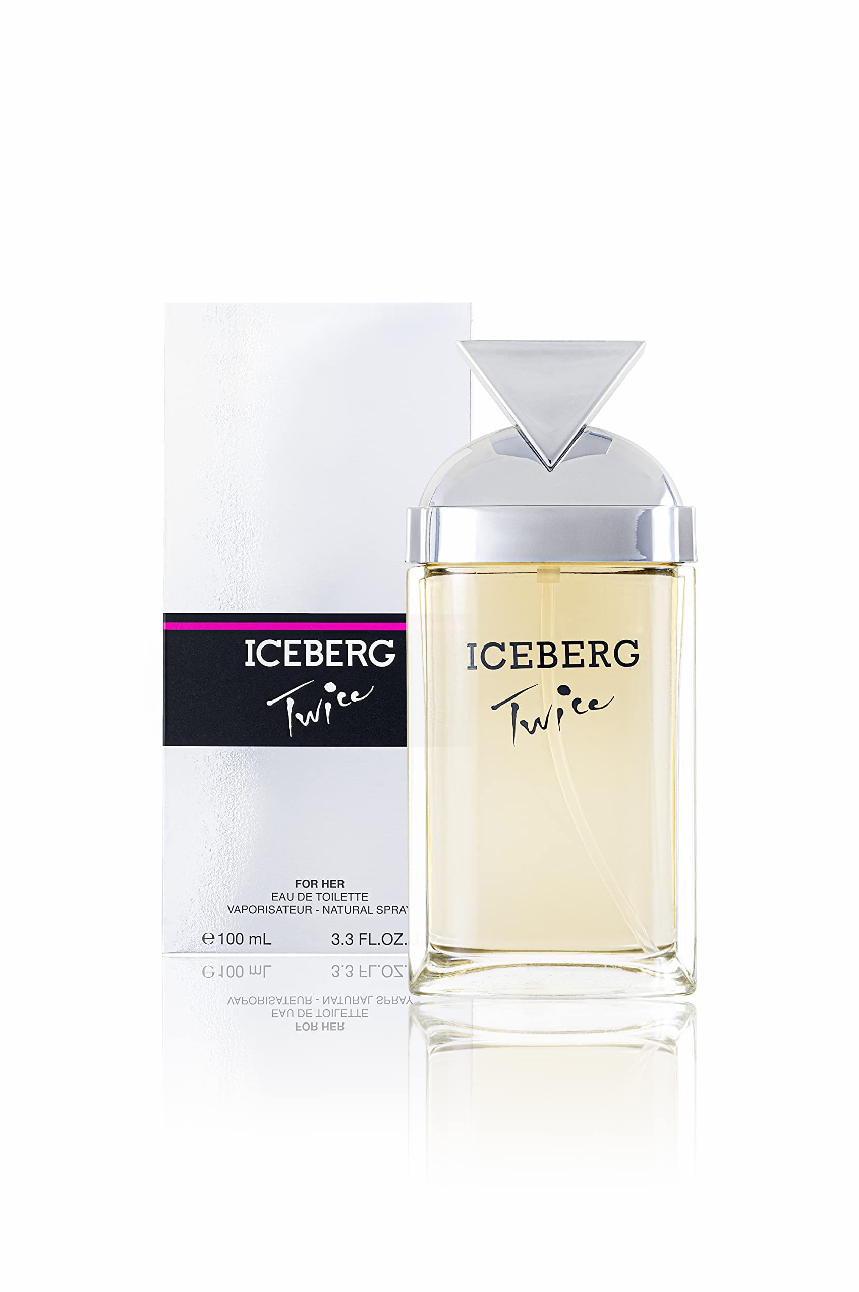 Iceberg Twice Damen Eau de Toilette. Flakon mit silbernem Deckel und weißer Verpackung mit Logo.