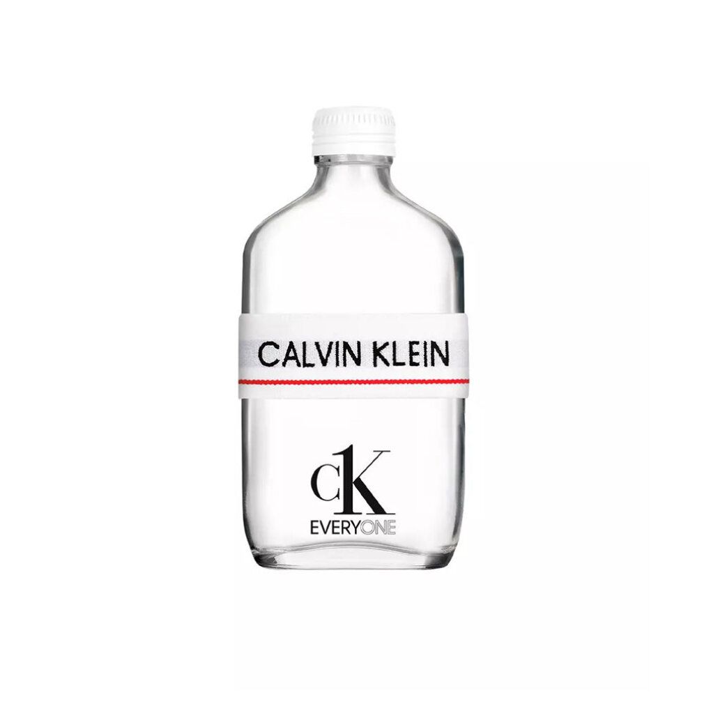 Klare Flasche mit weißem Deckel. Auf dem Etikett steht CALVIN KLEIN und ck EVERYONE. Roter Streifen.