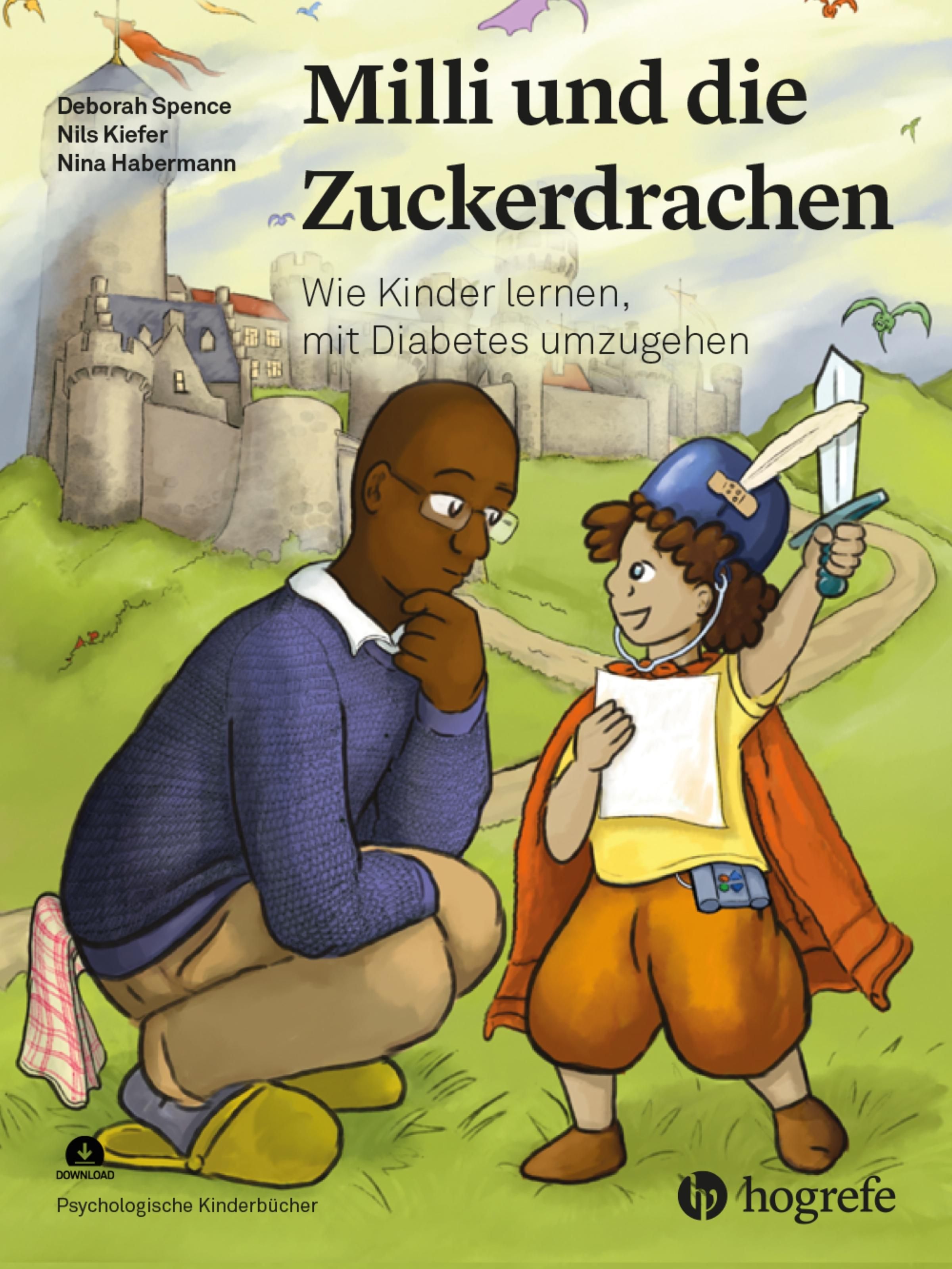 Buchcover: Milli und die Zuckerdrachen. Illustration eines Kindes mit Schwert und Arztkittel, neben einer Person. Hogrefe-Logo.