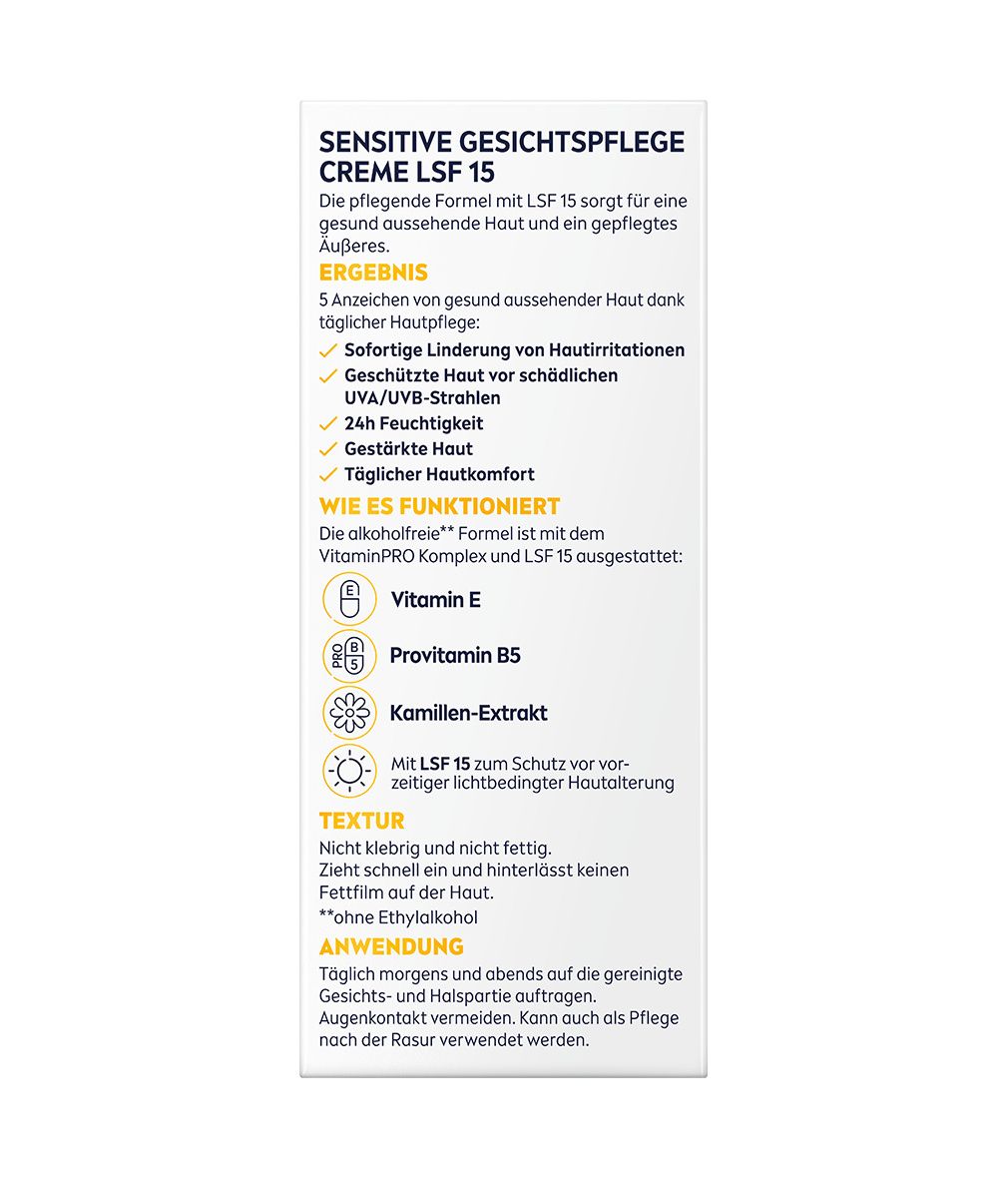 Rückseite der Verpackung von NIVEA MEN Sensitive Gesichtspflege Creme LSF 15. Text mit Produktinformationen und Inhaltsstoffen.