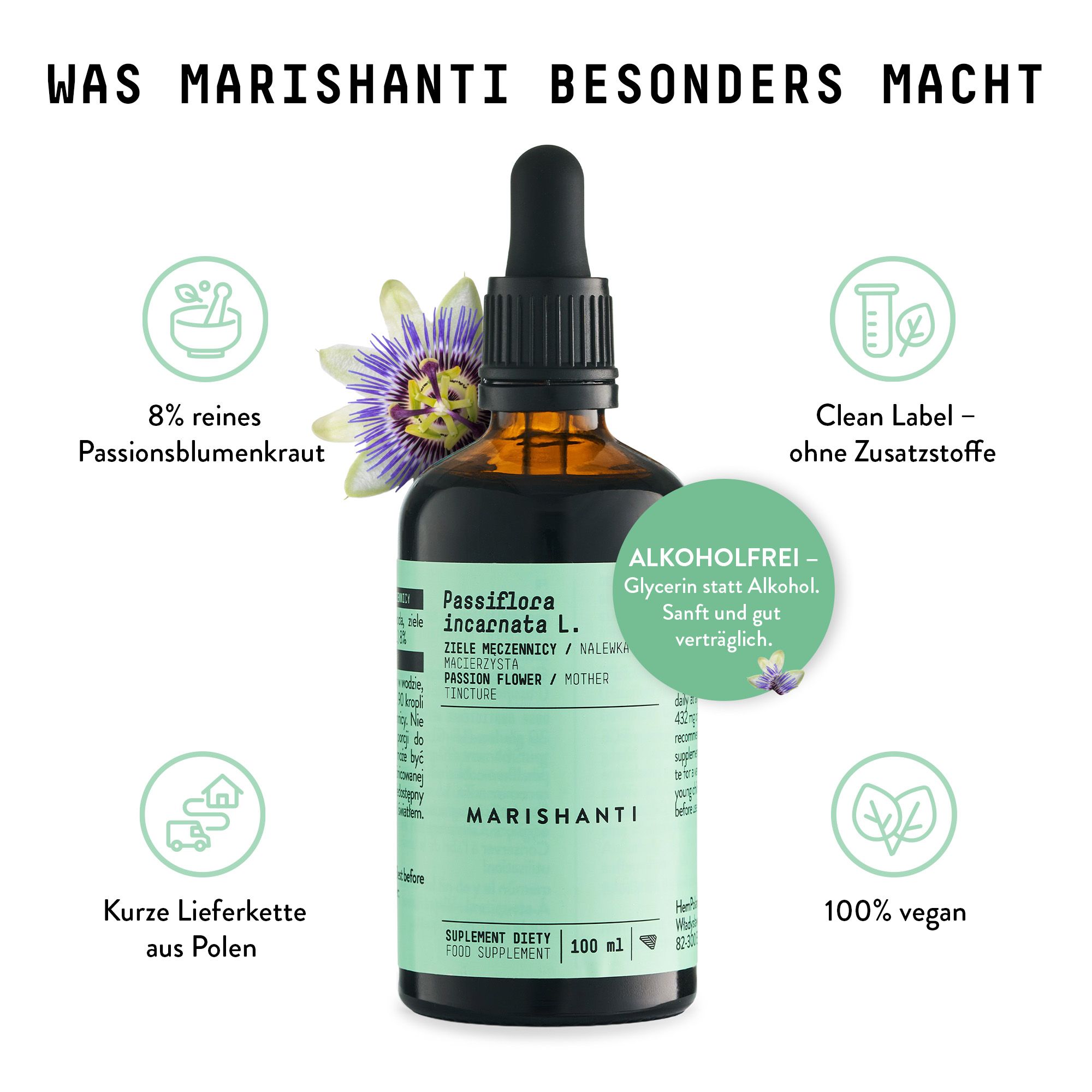 Braune Flasche mit Tropfer. Text: Marishanti, Passiflora incarnata L., alkoholfrei. 100% vegan. Clean Label.