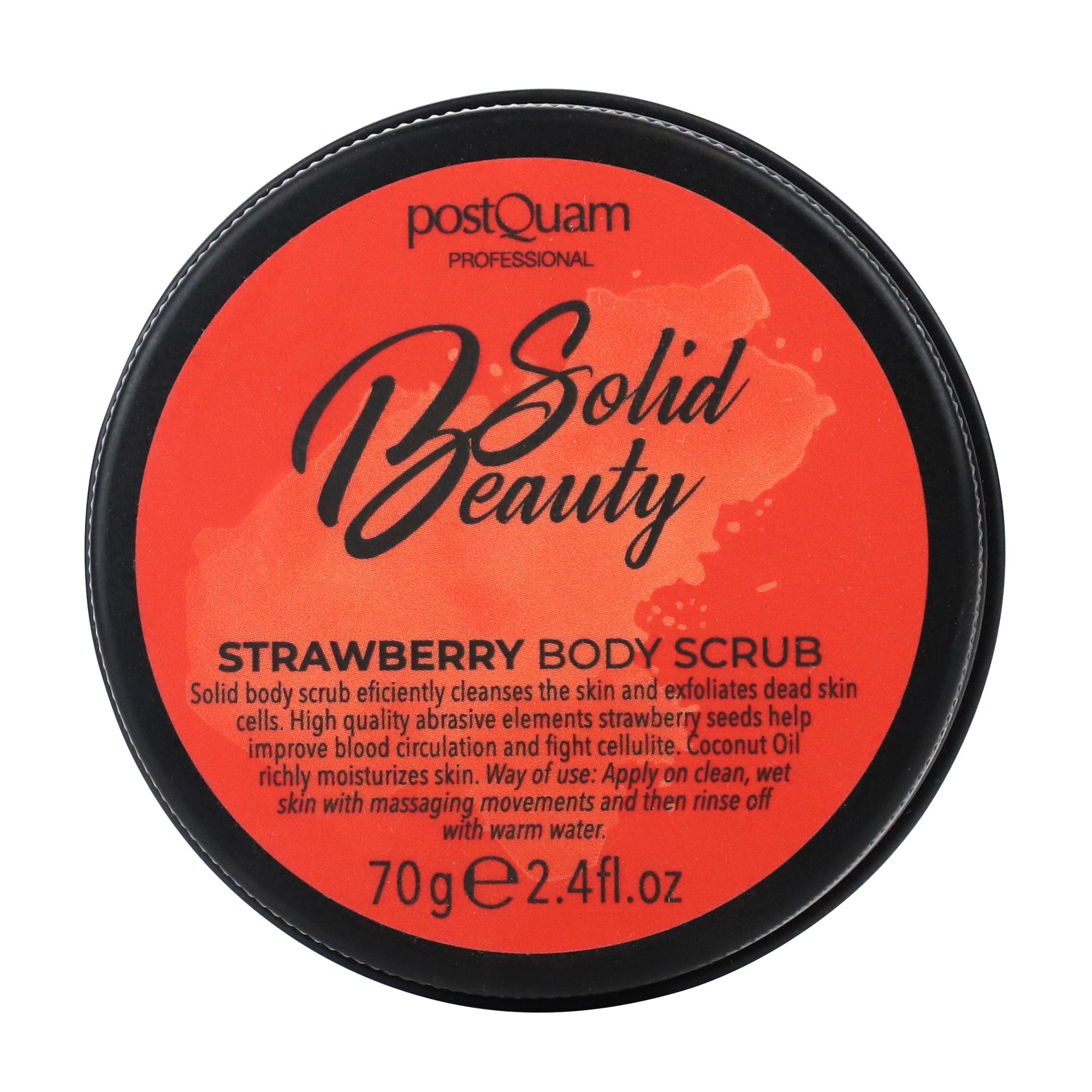 Runder, roter Deckel mit schwarzem Rand. Schriftzug: Solid Beauty, Strawberry Body Scrub, Postquam.