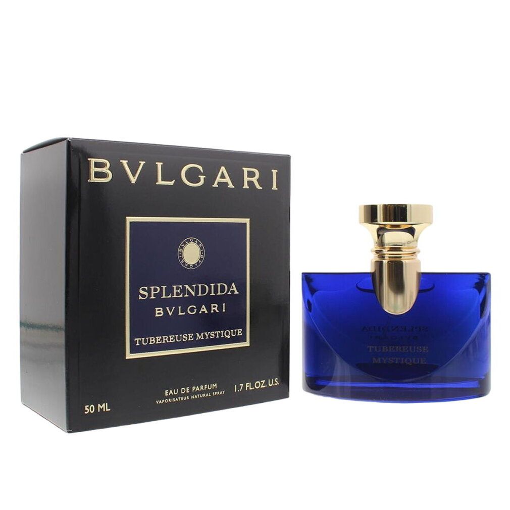 Bvlgari Splendida Tubereuse Mystique Eau de Parfum Spray 50ml in blauem Glasflakon mit goldenem Verschluss, neben der schwarzen Verpackung.