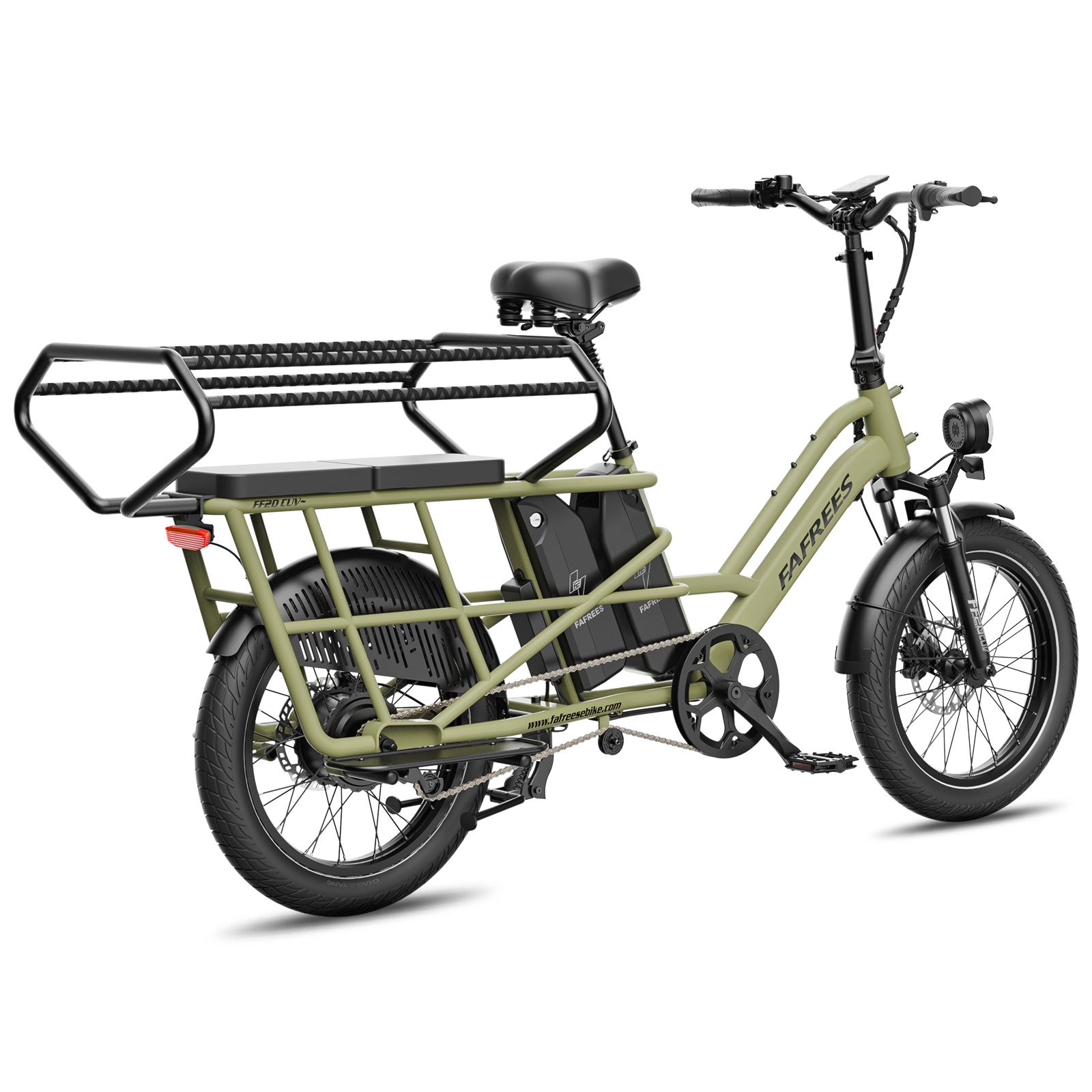 Grünes Elektro-Lastenrad, Rückansicht, mit zwei Akkus und großem Gepäckträger.