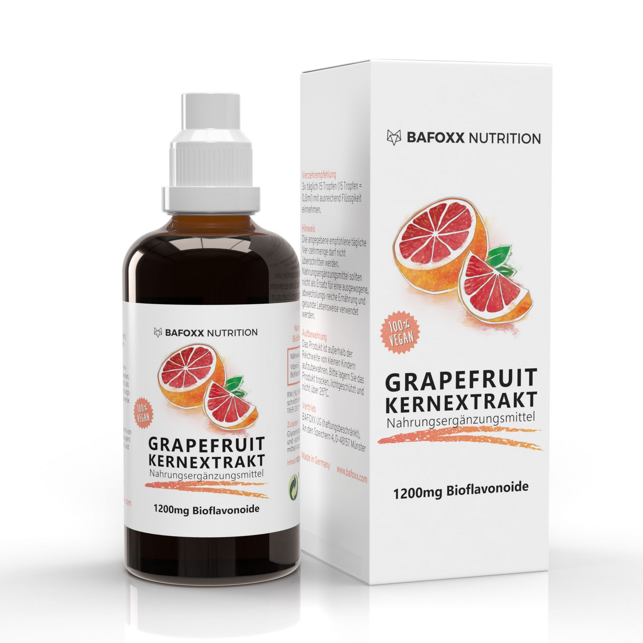 Produktflasche und Verpackung. Flasche: Grapefruitkernextrakt, 1200mg Bioflavonoide. Verpackung: Produktname, Logo, Grapefruit-Abbildung.