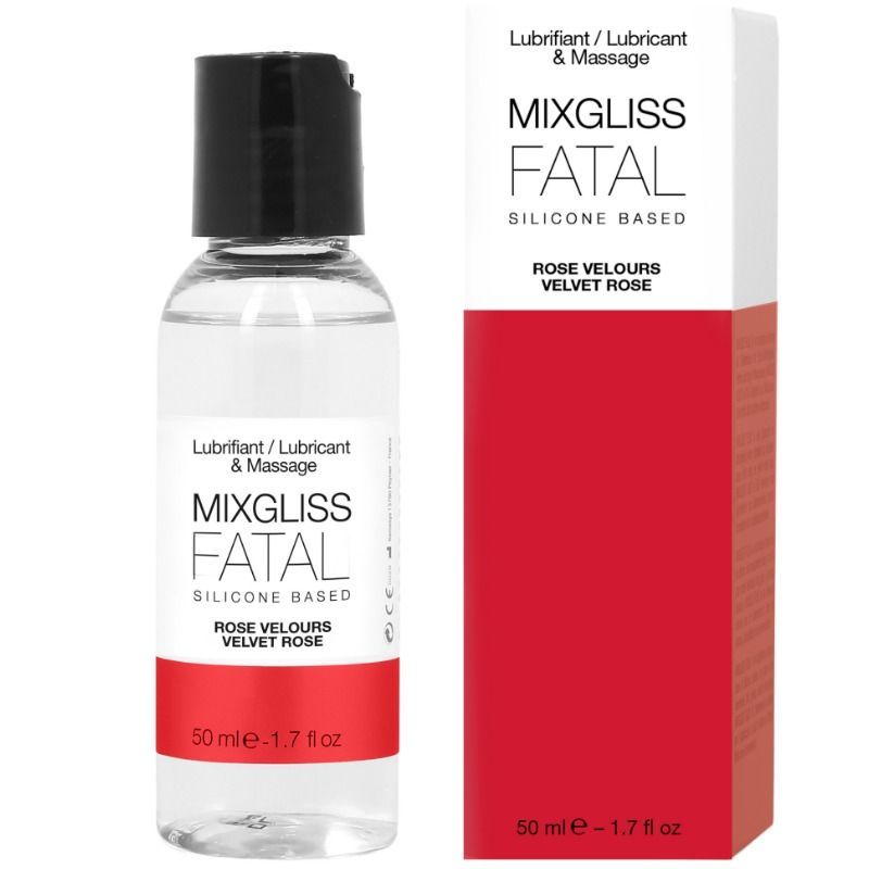 Flüssigkeit in einer Flasche mit schwarzem Deckel und roter Verpackung. Aufschrift: MIXGLISS FATAL, ROSE VELOURS VELVET ROSE.