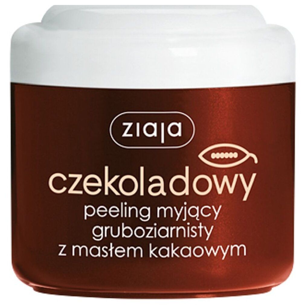 Braune Dose mit weißem Deckel. Aufschrift "ziaja" und "czekoladowy peeling myjący z masłem kakaowym".