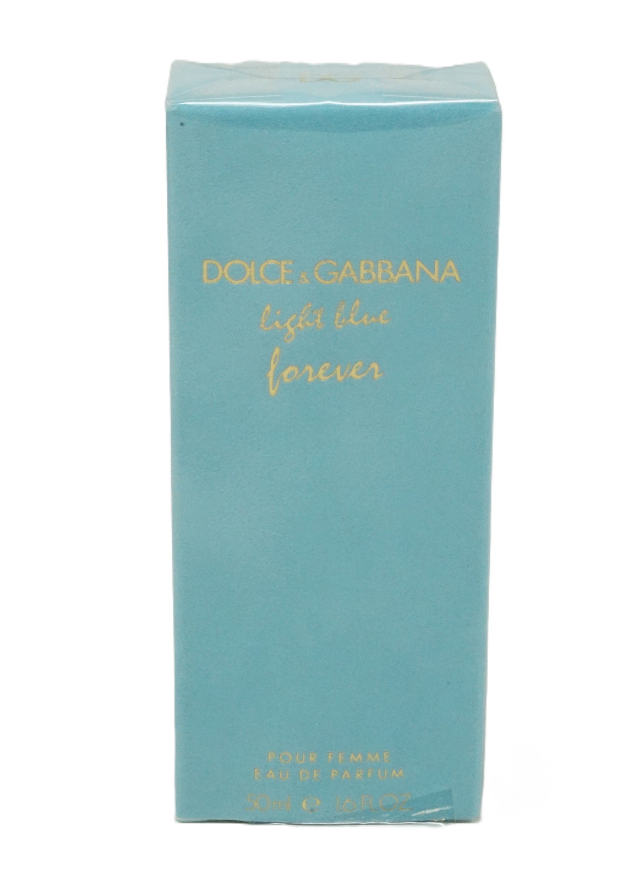 Hellblaue rechteckige Schachtel. Goldener Schriftzug: Dolce & Gabbana Light Blue Forever. Pour Femme Eau de Parfum.