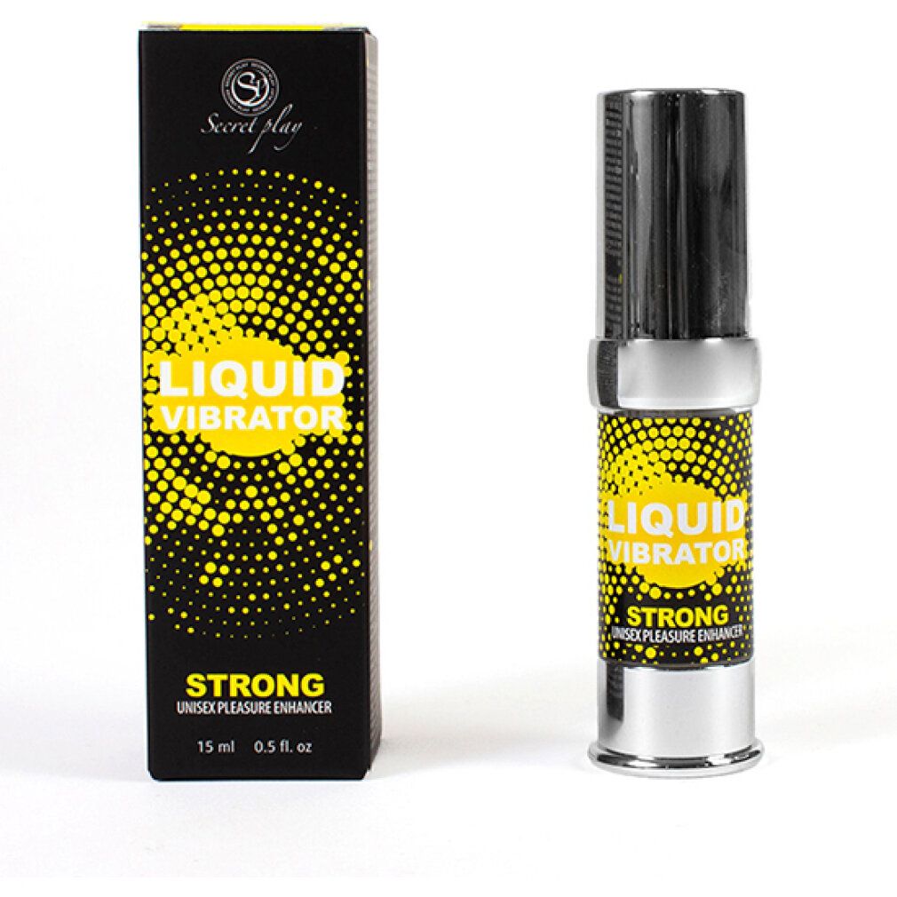 Schwarze Verpackung und Produkt. Aufschrift "LIQUID VIBRATOR STRONG".