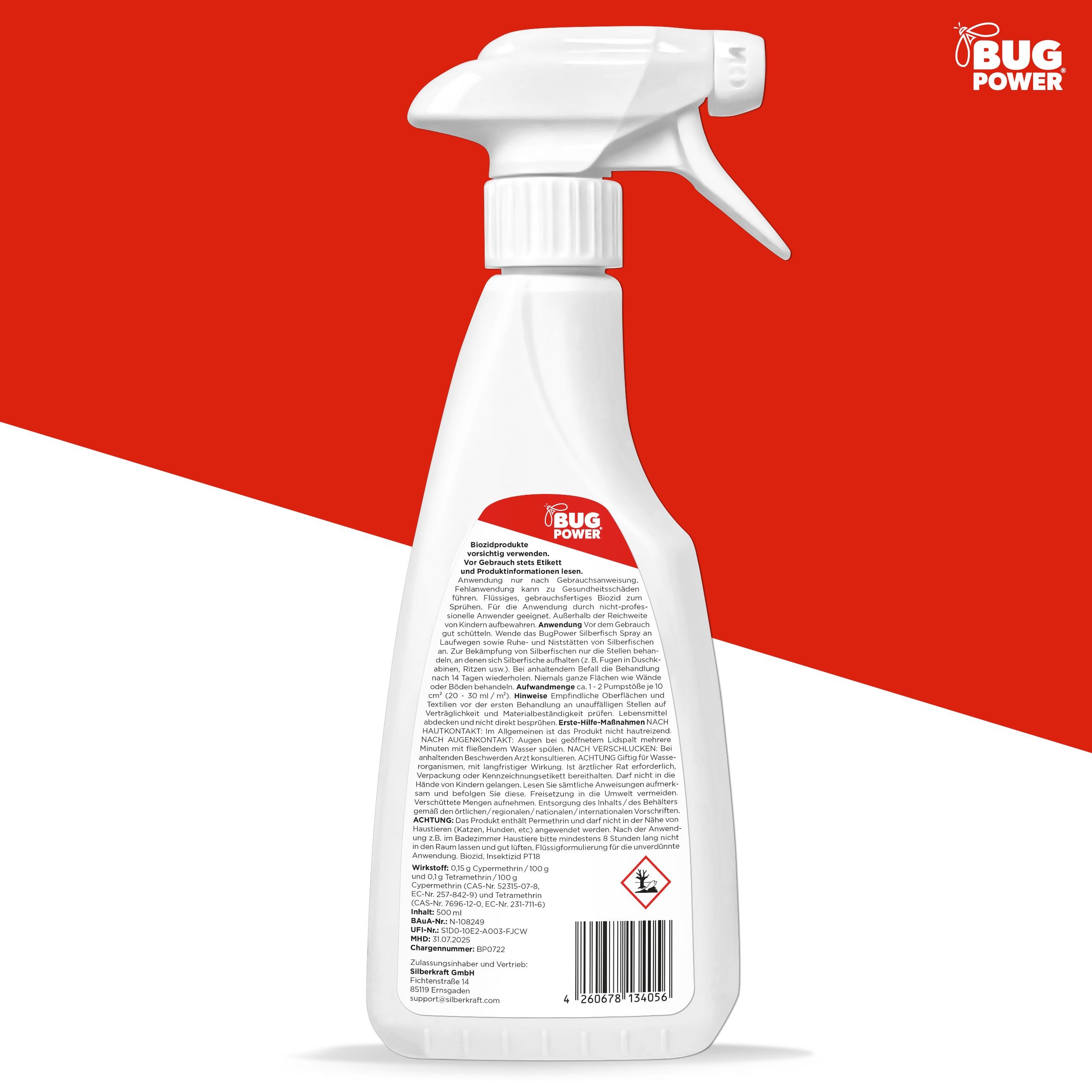 Rückseite einer weißen Sprühflasche. Aufschrift: Bug Power. Text und Warnhinweise. Logo: Gefahrensymbol.