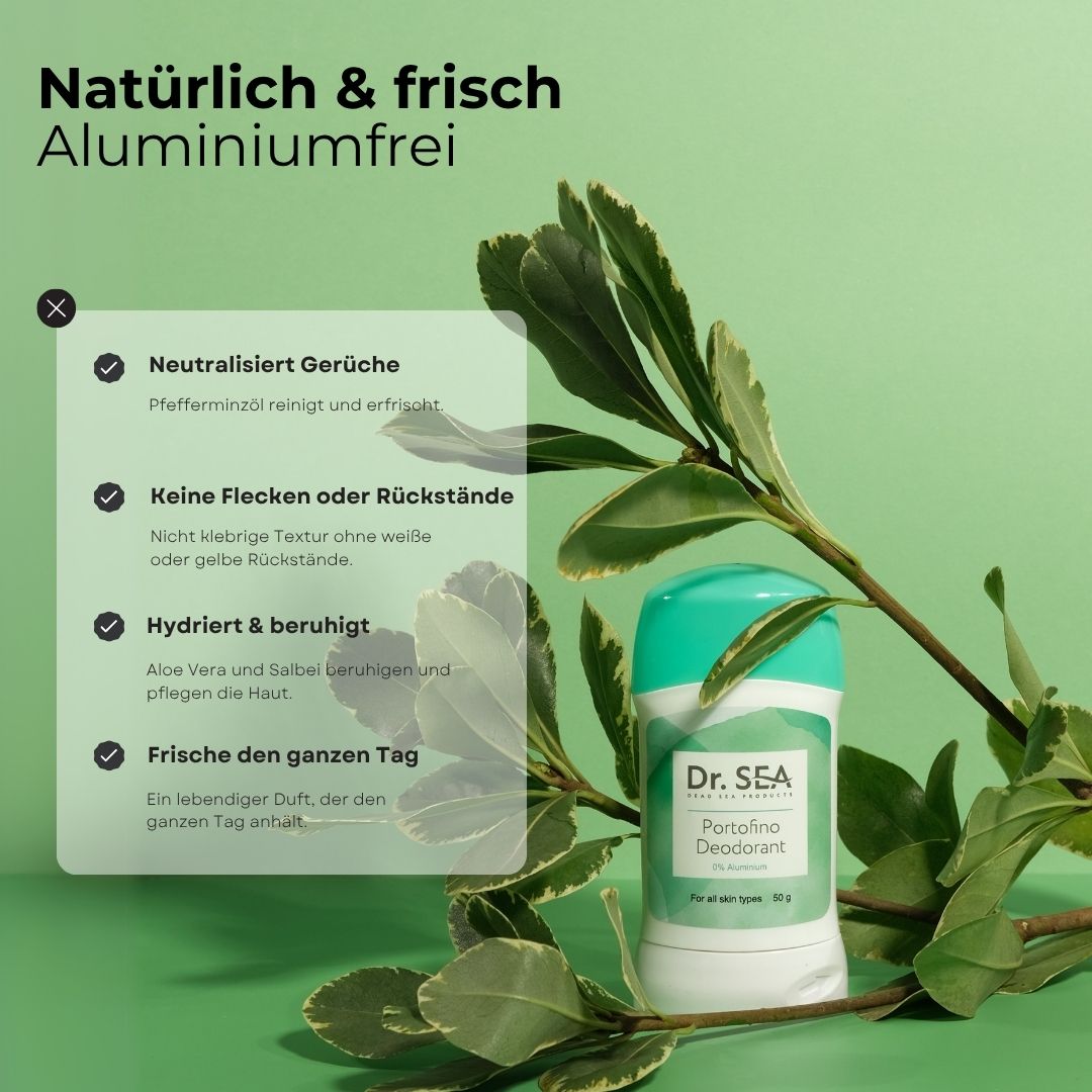 Deodorant-Stick neben grünen Blättern. Text: Natürlich & frisch, aluminiumfrei. Vorteile: neutralisiert Gerüche, keine Flecken, hydriert, erfrischt.