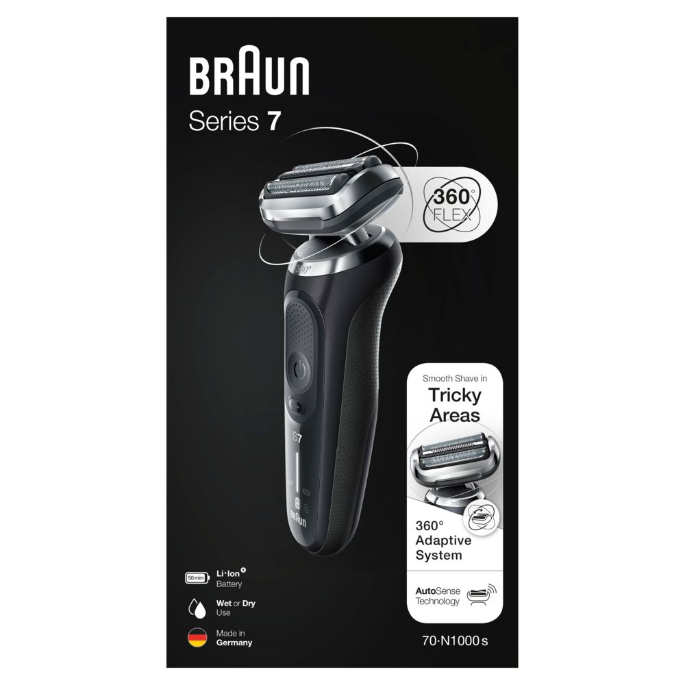 Verpackung des Elektrorasierers. Braun Series 7, 360 Flex, 360 Adaptive System, Li-Ion Batterie, Wet or Dry use, Made in Germany.