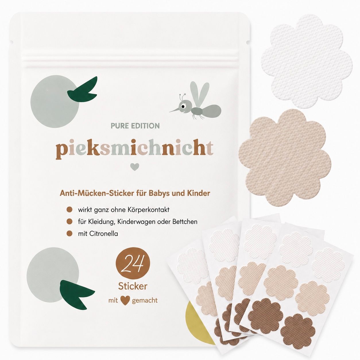 Verpackung mit 24 blumenförmigen Anti-Mücken-Stickern in Weiß, Beige und Braun.