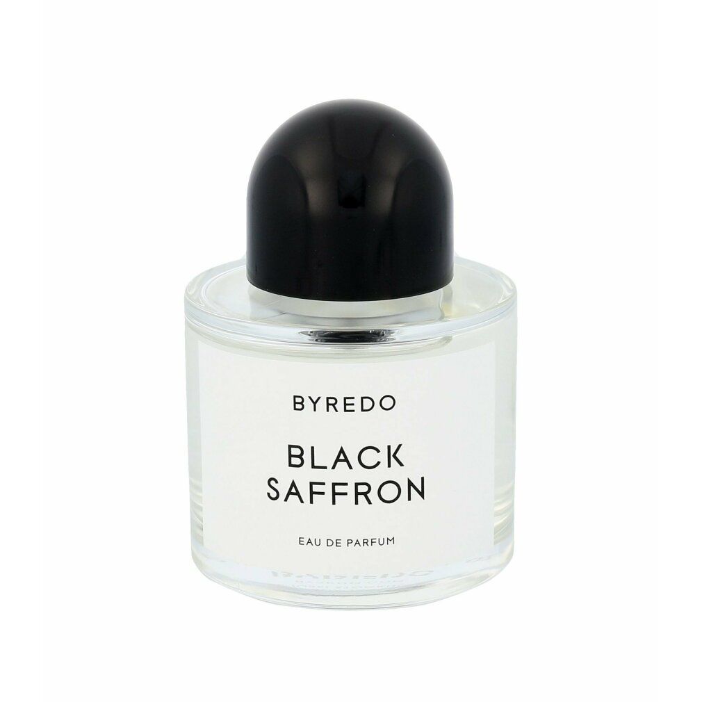 Runder Glasflakon mit schwarzem Verschluss. Aufkleber mit "BYREDO BLACK SAFFRON".