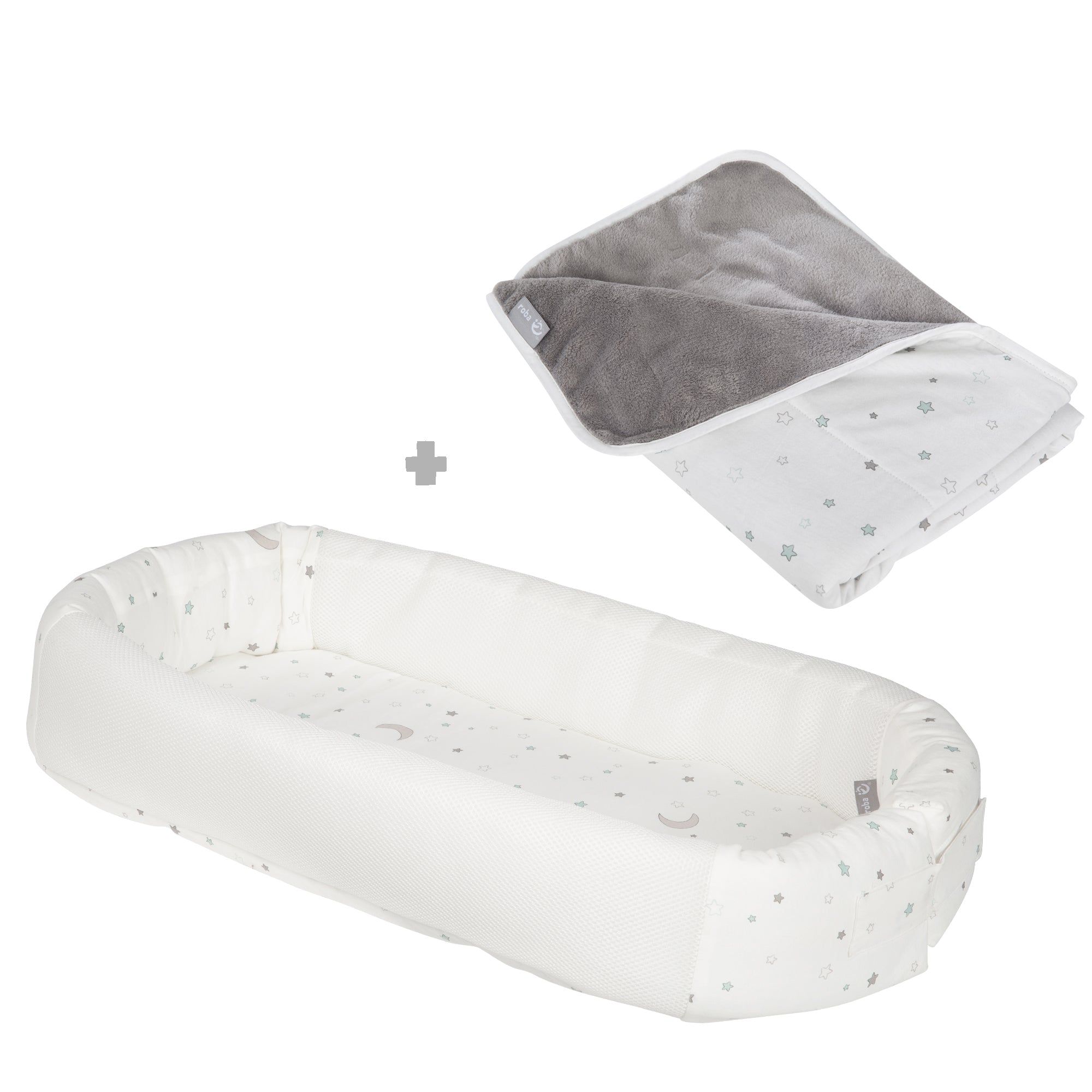 Babylounge und Decke mit Sternenmuster. Die Babylounge ist weiß, die Decke grau und weiß. Beide Produkte sind mit Sternen bedruckt.