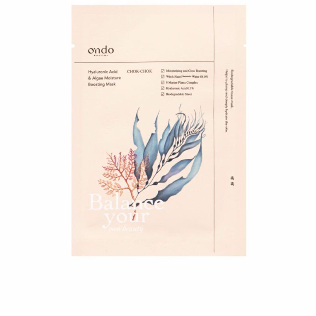 Verpackung der ONDO Hyaluronsäure & Algen Feuchtigkeitsmaske. Produktname und Inhaltsstoffe aufgedruckt. Illustration von Algen und Schriftzug.