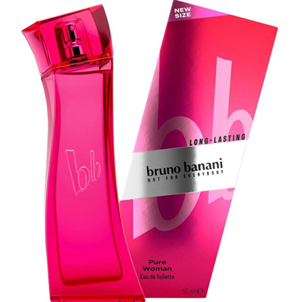 Bruno Banani Pure Woman Eau de Toilette, 50ml, in einem rosa Flakon und einer "New Size"-Verpackung.