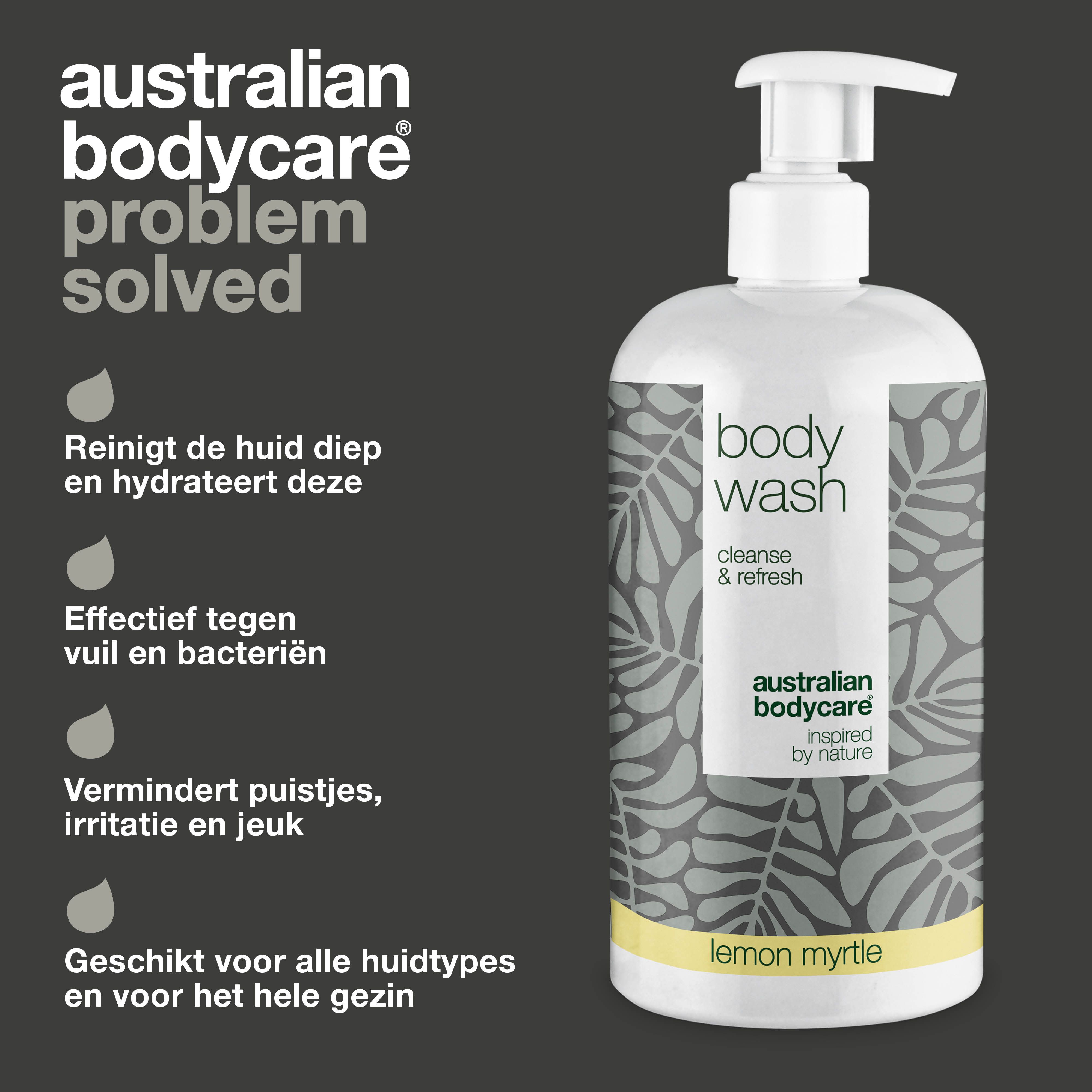 Fles body wash. Tekst: Reinigt de huid, effectief tegen bacteriën, vermindert puistjes, irritatie, jeuk.