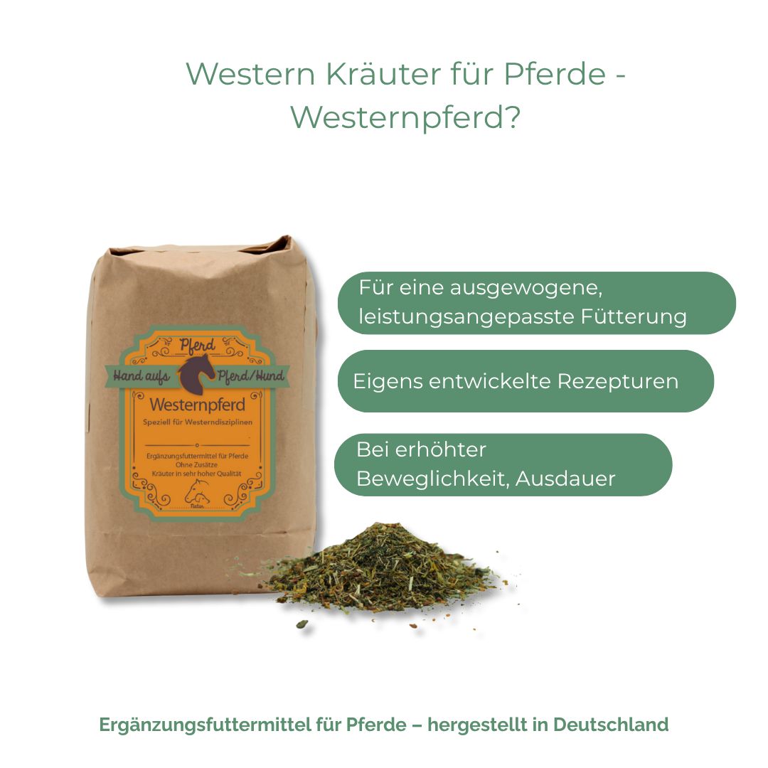 Braune Papiertüte mit Produktetikett und Kräutermischung. Text: Western Kräuter für Pferde. Ergänzungsfuttermittel für Pferde.