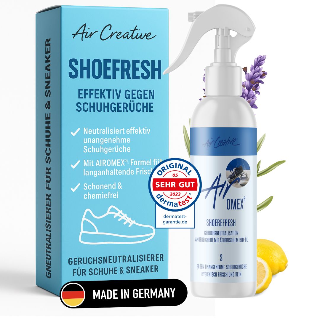 Blau-weiße Sprühflasche mit Produktnamen und Verpackung. Aufschrift: Air Creative, Shoefresh, Geruchsneutralisierer. Mit Bio-Duft.
