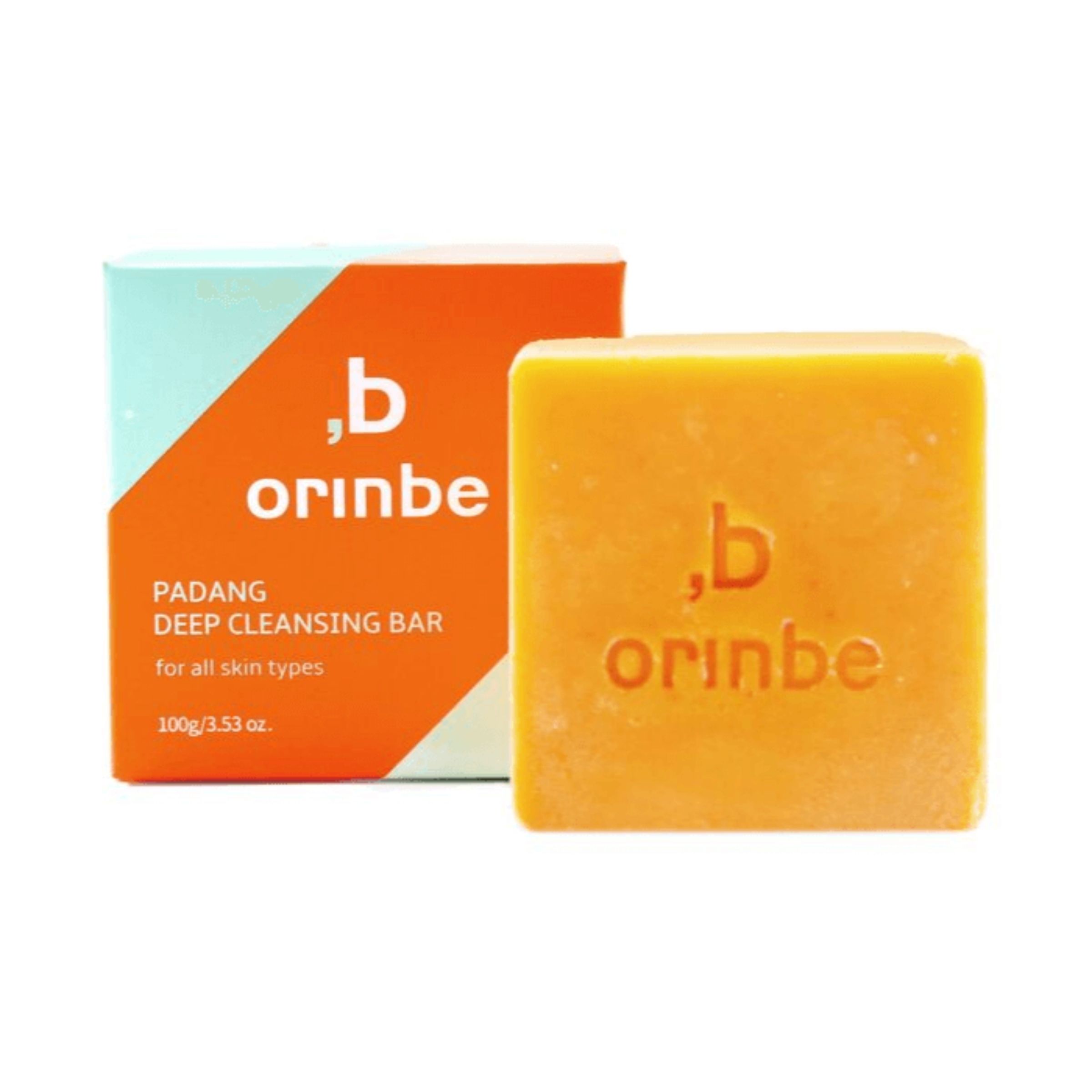 Orinbe Padang Deep Cleansing Bar. Quadratische Seife, orange. Verpackung mit Logo und Produktbezeichnung. Für alle Hauttypen.
