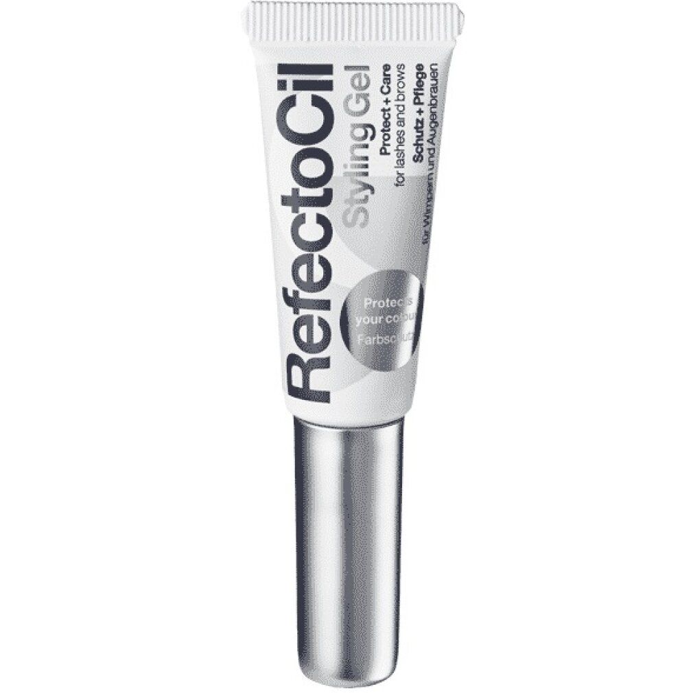 RefectoCil Styling Gel Tube. Weißes Tube mit silbernem Deckel. Beschriftung: Styling Gel, Protect + Care for lashes and brows.