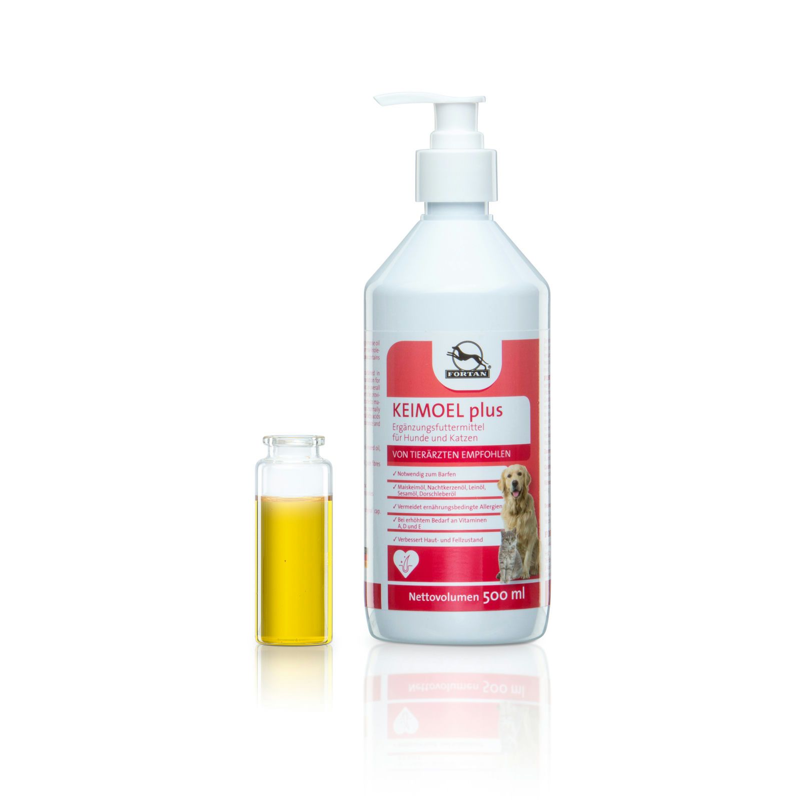 Flasche mit Dosierpumpe und kleine Glasampulle. Aufschrift: KEIMOEL plus. Roter Streifen mit Logo und Text. Abbildung eines Hundes. 500 ml.